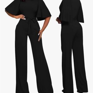 Women's Black Wide-Leg Jumpsuit with Tie Waist